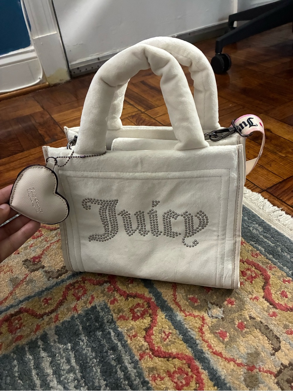 Juicy Couture White Crystal-Embellished Mini Tote with Heart Charm